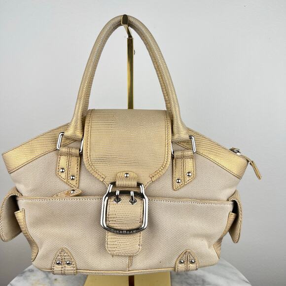 Cole Haan Buckle Canvas Tan and Gold Lizard Skin Embossed Leather Shoulder Bag - Picture 12 of 16